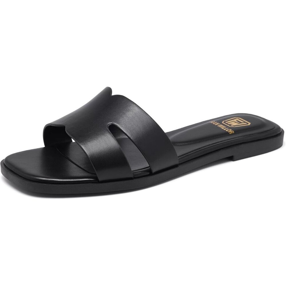 Women's Black Square Open Toe Slip On Beach Summer Flat Slide Sandals